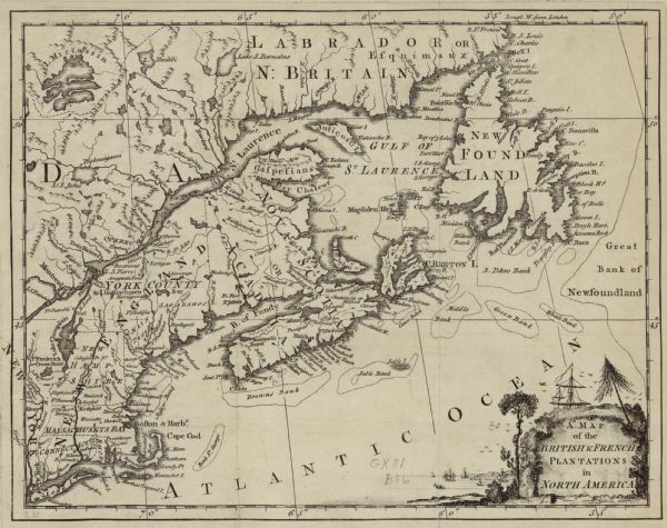 Map of the northeastern portion of America and Canada, east of the Hudson River and south from Labrador. It names regions, colonies, cities, numerous forts, the many banks off of Nova Scotia and New Newfoundland, islands, mountains, rivers, and lakes. The title cartouche depicts a hill covered in grass and trees. Flocks of birds fly over the hill, and the top of the sails of a ship appear over it. Small ships and row boats make their way to a distant shore.