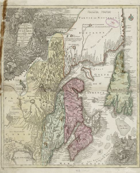 Map of north eastern Canada and parts of New England, showing settlements, cities, portages, Native American land, mountains, lakes, and rivers. The unusual vertical format elongates the land and distorts its shape, but the map is remarkably detailed, including both European and Native American place names. The pictorial representations of mountains are fairly ornate, and two large illustrated scenes fill the lower right and upper left corners. The lower right corner features several types of ships on the waves of the ocean. The upper left corner, the title cartouche, features numerous scenes and imagery of Poseidon and Artemis (representing the land and sea), Indian chiefs, explorers, Hermes and Ares watching over a mapmaker, a fleet of ships, fishermen and wildlife.