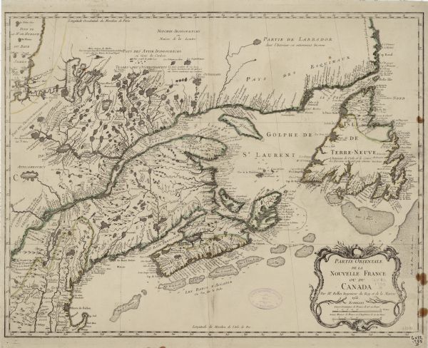 Bellin's landmark map of eastern Canada and part of northeast America extending from Newfoundland to the borders of Lake Ontario and south to Cape Cod. The map is extremely detailed, showing regions, borders, cities, settlements, Native American lands, portages, mountains, lakes, and rivers. Annotations appear throughout the map. An elaborate floral frame borders the title cartouche. 