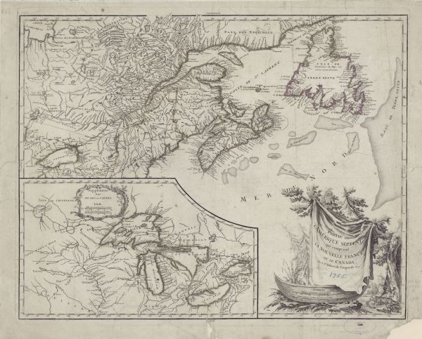 Map of eastern Canada and part of America, with an inset map of the Great Lakes region in the lower left corner. It shows boundaries, cities, settlements, Native American land, forts, islands, lakes and rivers. A floral and scroll frame borders the inset title cartouche. The main title cartouche appears on an illustration of cloth draped over a tree branch. A canoe sits under the cloth, as does a beaver, while pine trees and Native American huts stand behind it.