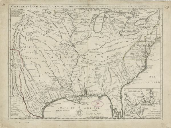 First edition of L'Isle's landmark map of North America. It covers America from the Rio Grande to the Atlantic Ocean, showing boundaries, the colonies, cities, settlements, Native American lands and villages, marshes, prairies, mountains, rivers, and lakes. The map also shows numerous routes of various explorers such as De Soto, Cavelier, Tonty, Moscoso and Denis, along with numerous annotations describing the discoveries, and other features. An inset map in the lower right corner shows a detailed depiction of the mouth of the Mississippi River and surrounding area in the Gulf of Mexico. The map includes a small key in the Golf of Mexico.