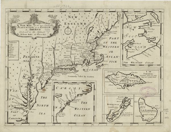 Map of the British colonies in North America at the beginning of the eighteenth century. It includes five inset maps of Nova Scotia, Jamaica, Bermuda, Barbados, and the Carolinas. It shows borders, cities, settlements, lakes and rivers. Illustrated trees dot the interior of the main map. Foliage adorns the title cartouche, topped  with the crest of Great Britain.