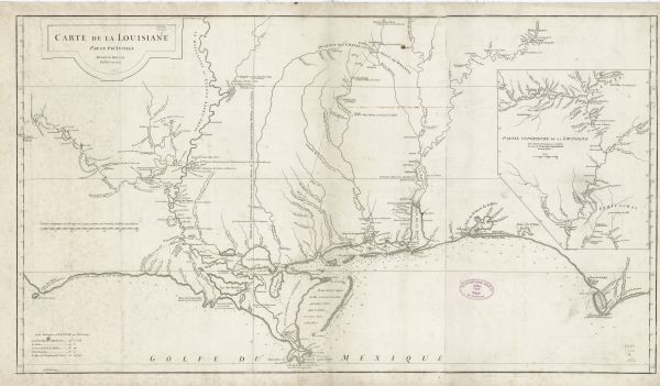 Map of the the coast line of Louisiana, focusing on the Mississippi, the Arkansas, the Red, the Osage, and the Missouri River.  An inset map along the right side shows the Mississippi and Missouri River as far north as the Illinois territory. Depth along the Gulf coast is shown by soundings. Only settlements, Native American villages, and forts along the rivers are depicted, but the map includes several annotations. A table of latitudes for New Orleans, the Balise, Fort Condé, Dauphin Island, St. Joseph Bay (Fort Crevecoeur) appears in the lower left corner