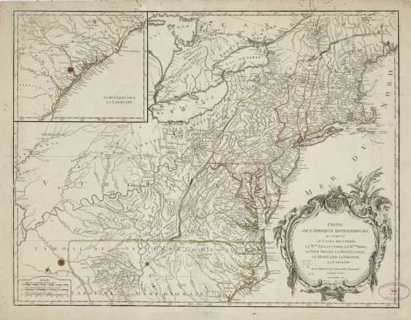 Map of colonial America, showing the lands north of South Carolina and west of the Mississippi River. An inset map of the Carolinas and Georgia sits in the upper left corner. A decorative rococo floral frame borders the title cartouche. The colonies, regions, counties, towns, cities, Native American land, forts, mountains, lakes, and rivers are all labeled. Based heavily on John Mitchell's groundbreaking map of North America, Vaugondy portrays a rather accurate account of the river systems and the Great Lakes region. The borders of Virginia, North and South Carolina make this particular copy fascinating. The engraved dotted lines, and the words "Virginie," "Caroline Septentrionale," and "Caronline Meridionale" stretch to the Mississippi River, suggesting this map is the second state, re-issued after the Treaty of Paris which ended the French and Indian War in 1763. However, the colorist appears to have ignored these new borders, and limited Virginia and the Carolinas to the Appalachian mountains.