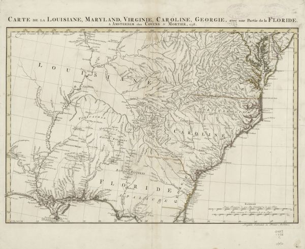 Regional map of south eastern America, based largely on D'Anville's map of North America in 1755. It shows the borders, regions, cities and towns, Native American land, forts, mines, mountains, and an extensive account of the rivers during the French and Indian War. While the labeling of Virginia, the Carolinas, and Georgia suggest the colonies are confined to east of the Appalachian mountains, their western borders are left open by both the engraver and colorist.