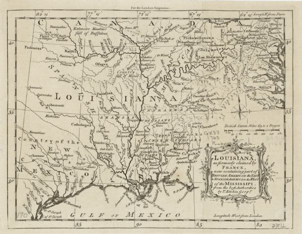 Detailed map composed for the London Magazine of the Mississippi River Valley at the conclusion of the French and Indian War. The British colonies themselves remain unlabeled or bordered, but the map does show and name cities, towns, forts, Native American land, mountains, lakes, and rivers. Two converging lines in the "Country of the New Mexico" appear to be roads. A few interesting annotations occur throughout the map, including two that ("extensive meadows full of buffaloes," and "country full of mines") that are repeated in later maps of this area. A floral border frames the title cartouche.