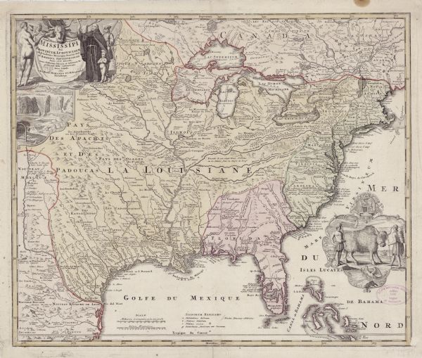Detailed, ornate, and comprehensive map of America from the east coast to present day Texas. Numerous features appear throughout the map, including Native American land and villages, forts, missions, cities, towns, mines, the routes of various explorers to 1716, forests, prairies, marshes and swamps, mountains, lakes and rivers. The topographical features are shown pictorially, along with clustered illustrations of huts for certain villages or settlements. An small vignette of Native Americans hunting long horned buffalo extends under the Ohio River. Annotations and notes provide information on various regions and explorers, including one on the tip of Florida which claims it is inhabited by cannibals ("anthropophag"). Three large illustrations adorn the map. In the lower right a buffalo stands between a Native man and woman, while a bird sits on a rock in front, and a rat hangs from the decorative border. In the upper left, the title cartouche hangs on a buffalo skin, Father Louis Hennepin stands with a child and a European man on the right, while a naked man holds a pipe on the left. Below the title cartouche, beavers work under Niagara Falls. 