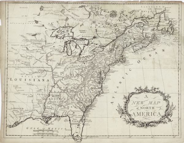 Detailed map of America east of the Louisiana region. It shows forts, cities, borders and boundary lines, Native American land, the post road, mountains, wetlands, lakes, and rivers. Several forts are given particular prominence, as dotted lines border their place names. Several lines extend between towns and cities in the eastern states, either roads or routes of armies during the American Revolution. A floral frame with a jug pouring out water surrounds the title cartouche.