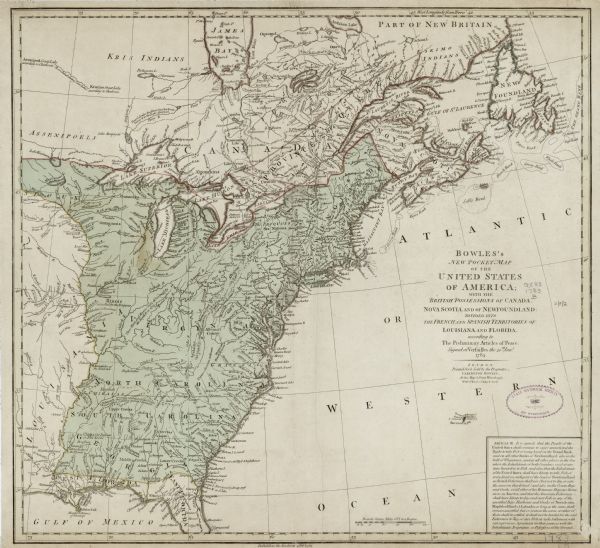One of the first and few maps to attempt to map the new boundaries of the United States and British territories during the preliminary treaty at the end of the Revolutionary War. It shows borders, territories, states, cities, towns, forts, Native American land, mountains, rivers, and lakes. A large block of text in the lower right corner explains the fishing rights of the Americans and British people in the north east as set by Article III. Several small notes appear throughout the map, especially near the Mississippi, such as "Ilinois, expelled by the Iroquois," "Corois destroyed by the French," and "These parts and rivers were discovered by the English in 1634."