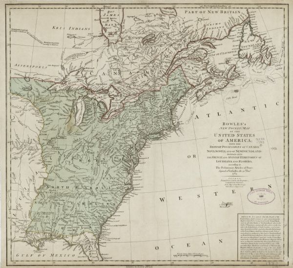 One of the first and few maps to attempt to map the new boundaries of the United States and British territories during the preliminary treaty at the end of the Revolutionary War. It shows borders, territories, states, cities, towns, forts, Native American land, mountains, rivers, and lakes. A large block of text in the lower right corner explains the fishing rights of the Americans and British people in the north east as set by Article III. Several small notes appear throughout the map, especially near the Mississippi, such as "Ilinois, expelled by the Iroquois," "Corois destroyed by the French," and "These parts and rivers were discovered by the English in 1634." 