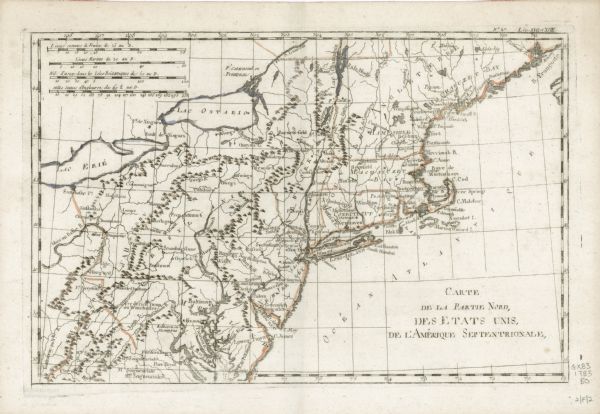 Map of the north east coast of the United States, north of Virginia and east of Lake Erie. It shows the states, forts, cities, towns, mountains, Niagara Falls, rivers, and lakes.  The map is rather plain, with minimal decoration; a typical style of Bonne who dispensed with even the more simplistic ornamentation of other cartographers such as bordered title cartouches or a compass rose.