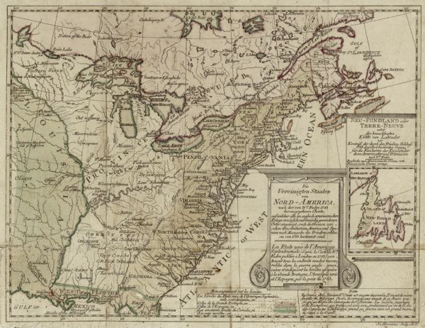 Map of the newly formed United States showing borders, regions, Native American land, cities, mountains, lakes, and rivers. It includes a small inset map of Newfoundland, highlighting the fishing rights granted to the Americans, British, and French following the treaty of 1783. Small annotations appear throughout the map, such as one that reads "extensive meadows full of buffaloes."  