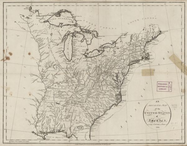 Map of the United States east of the Mississippi River. It shows borders, treaty lines, forts, cities, towns, Native American land, mountains, swamps, lakes, and rivers. Borders and annotations designate the lands granted or reserved for various troops and companies of the American Revolutionary War, particularly between the Illinois and Ohio River. Other annotations dot the map, including one that stretches across the Midwest reading "divided into 10 states by a Resolve of Congress in 1784."