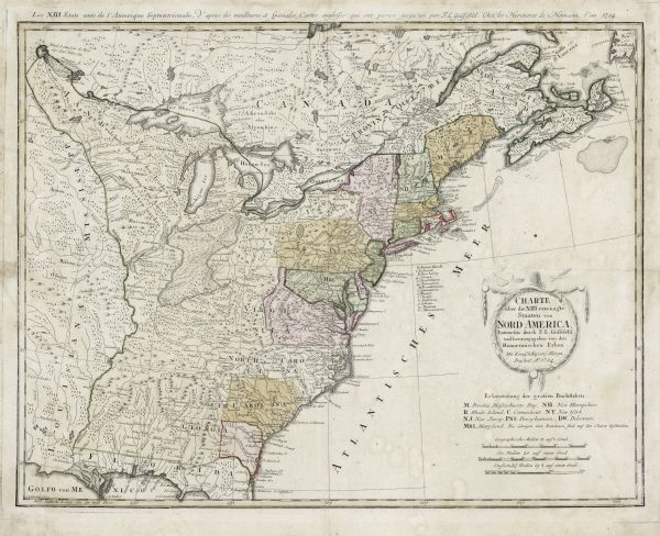Detailed and ornate map of the newly formed United States. The borders of the southern states extend to the Mississippi River, though the states are only colored in east of the Appalachian mountains. Cities, towns, forts, mountains, marshes, swamps, lakes, and rivers are all shown, along with an extensive and detailed account of Native American tribes and land. Typical for the German cartographic school, Güssefeld depicts the mountains and wetlands pictorially, and fills in the western land with numerous illustrated trees. Lake of the Woods is labeled in French, English, and German. A list of prominent German communities appears in the Atlantic Ocean next to New Jersey. The wreath, topped with a hat, sword, and caduceus adorns the title cartouche.