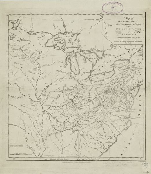 Map of the United States east of the Mississippi River. It features roads, cities, towns, early settlements, Native American land, forts, mountains, rivers, and lakes. Of more importance, the map highlights the Blackberry Campaign of the Northwest Indian War. The routes of James Wilkinson and Charles Scott appear as dotted lines in the Kentucky region. A crossed swords icon at the edge of the Salamine River marks the location where, according the the annotation in the lower left corner "action was fought between the forces under Genl. St. Clair & the united Tribes of Indians, Novr. 1791."