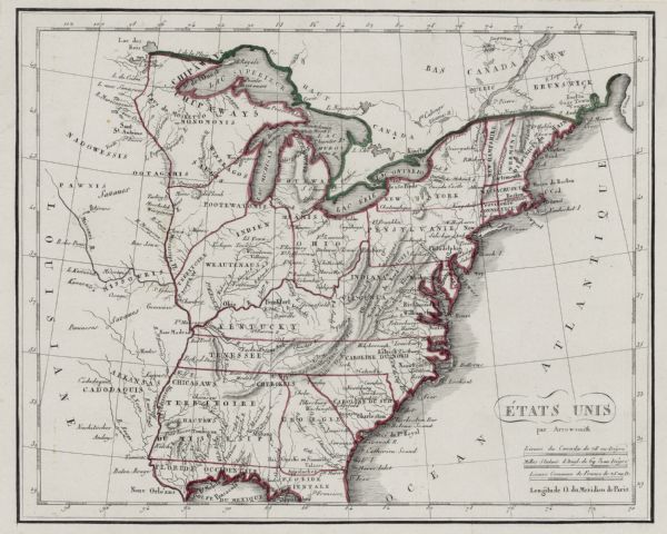 Map of the United States. It shows the states, cities, towns, Native American land, mountains, lakes, and rivers. Tennessee, Kentucky, and Ohio are labeled and partially bordered, as is the Mississippi territory. The colorist made some interesting choices, following rivers as much as the actual established borders between the states and regions, particularly in the north eastern states. Lead mines appear just below the Wisconsin (Ouisconsin) River. 