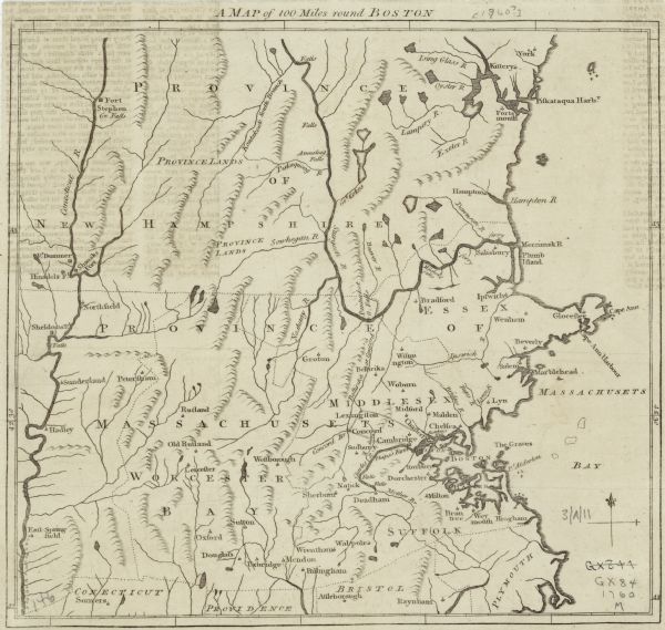 Map of Boston and surrounding regions, from Massachusetts Bay to the Connecticut River, and including part of southern New Hampshire. It shows the colonies, counties, cities, mountains, waterfalls, lakes, and rivers. The important sites of the initial battles of the American Revolution appear along the main road from Boston to Lexington and Concord, such as Phips's Farm and the Concord Bridge. Faint offset text from the <i>Gentleman's Magazine</i> appears along the right and left side. 