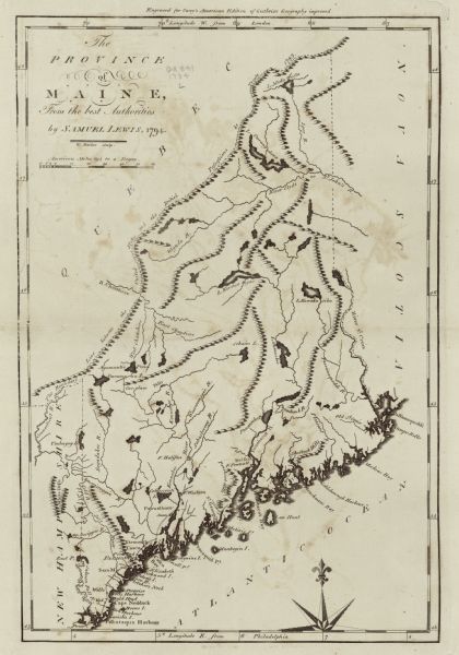 Map of Maine, showing a few cities, harbors, hills, mountains, lakes, and rivers. A road runs from Pownalboro south to Portsmouth harbor, and the boundary line between the United States and British territories is clearly labeled. Nearly all of the settlements sit along the southern coast. However, one interesting feature appears at the western end of a chain of mountains. It is labeled "car. place" or carrying place; a portage between two unnamed rivers.