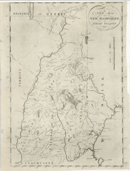 Detailed map of New Hampshire. It shows counties, cities, mountains, highlands, lakes, and rivers. The acres given to Dartmouth College are labeled far in the northern reaches of the state, while Dartmouth College itself appears further south on the border with Vermont. Mason's Patent line of 1787 runs through the state. 