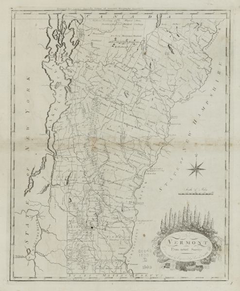Map of Vermont showing counties, townships, cities, roads, mountains, lakes, and rivers. A forest and waterfall scene decorates the title cartouche in the lower right corner.