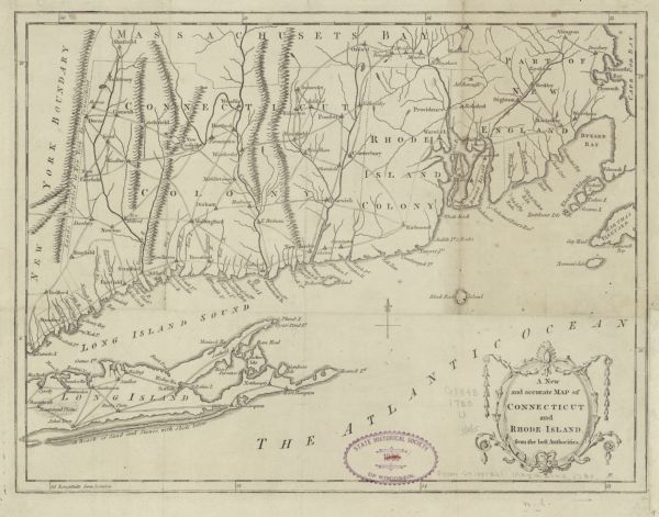 Map of Connecticut, Rhode Island, and Long Island. it shows the borders, cities, roads, islands, mountains, lakes and rivers. Navigational hazards along the coast, such as rocks and reefs, are marked, as is a small strip of land Connecticut gave to New York. A frame and wreath border decorates the title cartouche in the lower right corner. 