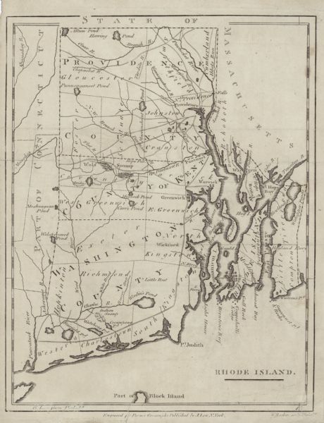 Map of Rhode Island showing counties, townships, cities, roads, mountains, swamps, islands, reefs, lakes and rivers. Several of the bigger cities include small blocks representing the city plan, such as Newport and Providence.