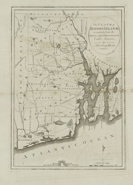 Map of Rhode Island showing counties, townships, cities, roads, mountains, swamps, islands, reefs, lakes and rivers. Several of the bigger cities include small blocks representing the city plan, such as Newport and Providence. A faint upside down offset image of the map is apparent, a common printers mistake when one map was layed on top of another before the ink fully dried.