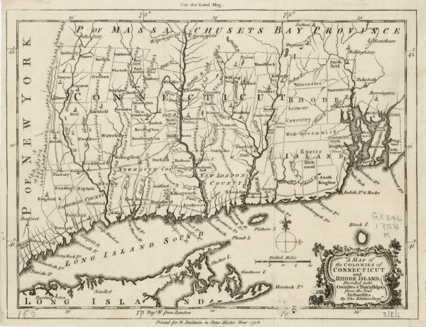 Map of Rhode Island and Connecticut, showing counties, townships, cities, roads, islands, mountains, lakes and rivers. Trees and a frame decorates the title cartouche in the lower right corner.
