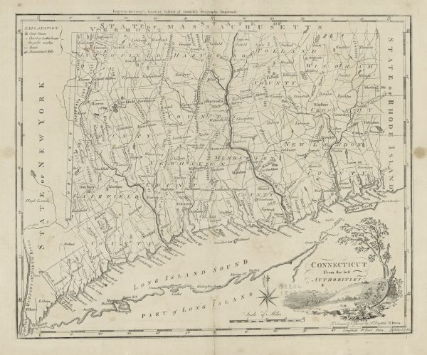 Map of Connecticut showing counties, townships, cities, roads, islands, swamps, hills, mountains, lakes, rivers, reefs, and numerous other geographical and topographical features. A small key sits in the upper right corner, showing where churches and court houses appear on the map. The "oblong" portion, land disputed between New York and Connecticut, is labeled and bordered. An engraving of three small trees, labeled "3 trees," appears just east of the Hudson River, a survey marker presumably.  A coastal scene, with trees, flowers, ships and rolling hills, decorates the title cartouche in the lower right corner, along with the crest of Connecticut.