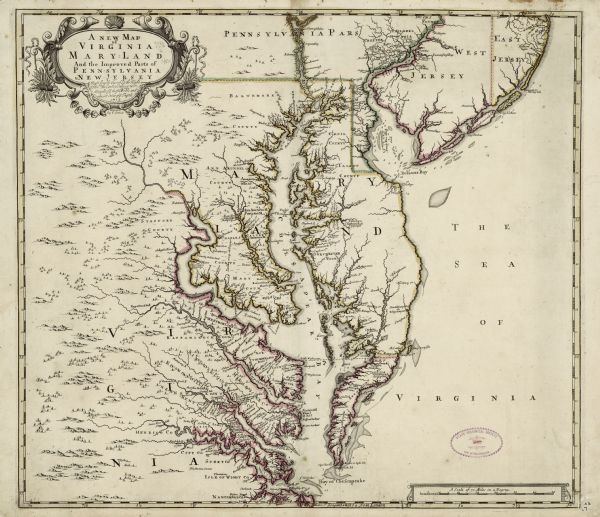Map of Maryland and surrounding states. It shows the boundaries, counties, cities, towns, rivers, and bays.  Mountains, forests, and swamps appear pictorially, and occasionally named. Small notes appear throughout the mainland, and some of the islands, describing both the topography and inhabitants (Native American lands or plantations). Soundings show the depth of the Chesapeake Bay, Delaware Bay, and some of the larger rivers. A decorative border incorporating shell fish and tobacco (the two major exports) frames the title cartouche. 