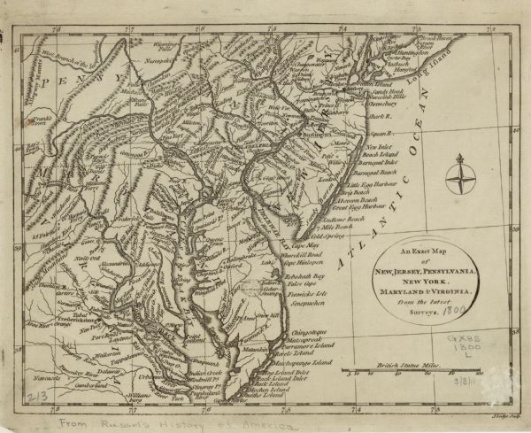 Detailed map of the Chesapeake Bay region and surrounding states. It shows a detailed account of the borders, cities, towns, islands, swamps, mountains, rivers, and bays. The occasional note describes the land, such as one running along the cost of New Jersey reading: "Sandy Barren Desert." Although not labeled, the map does show the borders of Delaware.