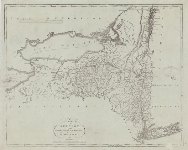 Detailed map of New York, showing counties, cities, mines, mills, roads, swamps, mountains, lakes and rivers. The map also shows Native American towns and reservations marked by a triangle, townships, landowners, and army lands reserved for veterans of the Revolutionary War.