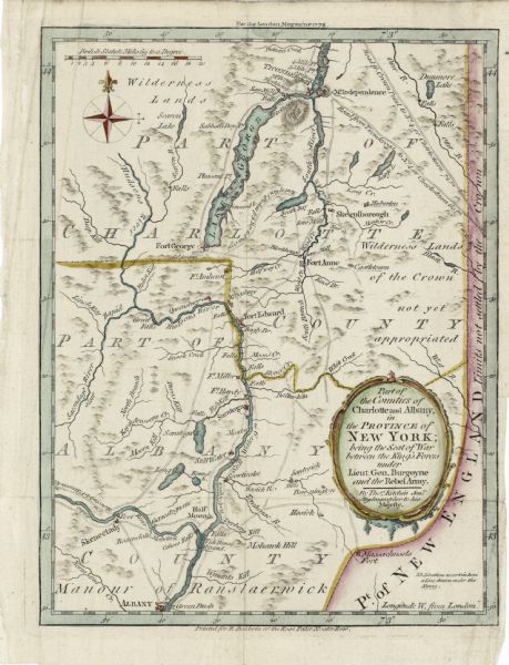 Map of the land between Fort Ticonderoga and Albany. It shows cities, forts, mills, roads, mountains, swamps, waterfalls, lakes, and rivers. A few annotations dot the map, generally marking certain regions as "wilderness lands." A note in the lower right corner reads: "Situations uncertain have a line drawn under the name."