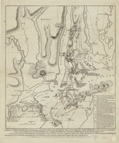 Broadside map showing the British invasion of New York city in August and September of 1776. The map shows important cities, forts, roads, hills, mountains, meadows, bays, and rivers. The fortifications and movement of the American forces appear in blue, the British forces in red. Depth is shown though soundings along the Hudson River, and illustrations of ships, often accompanied by the ships name, show the sites of naval battles and invasions. Numerous annotations throughout the map explain the location and movement of the armies, along with dates. A reference key is in the lower right corner offering further information on the Battle of Long Island. 