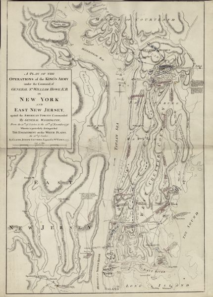 Map depicting the campaigns of October and November 1776, in Manhattan, Westchester, and part of New Jersey, published only a few months after the conclusion of those campaigns. It shows the important cities, roads, hills, ponds, and rivers. The fortifications and movement of the american forces appear in blue, the British forces in red. Small illustrations of ships, accompanied by their names (Tartar, Phenix, and Roebuck) sail on the Hudson River just east of Terry Town. Numerous annotations throughout the map explain the location and movement of the armies, along with dates.