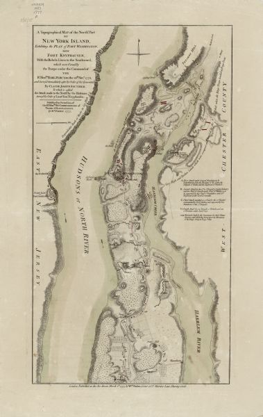 Map showing the British and Hessian attack on Fort Washington in November of 1776. The movements and fortifications of the British and Hessian troops appear in red, the American in black. The topography is remarkably detailed and illustrated, showing towns, roads, bridges, fortifications, barracks, farmland, orchards, hills, forests, rivers, and creeks. Numerous annotations throughout the map explain the location and movement of the armies. An illustration of The Pearl appears on the Hudson River just north of Fort Washington, other illustrations of ships show the landings of the British troops. 