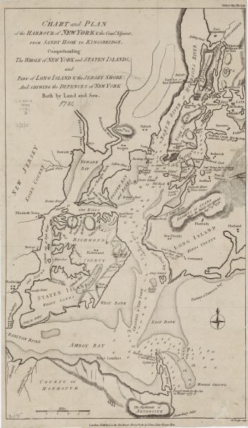 Map of New York, Staten Island, and Long Island, showing the placements of forts, and the movement of troops in 1776. The map also includes towns, cities, ferries, mills, roads, bridges, hills, swamps, marshes, bays, and rivers. The landing and route of General Howe and General Grant are particularly noted. Soundings show the depth of the Hudson River. Numerous annotations throughout the map explain the topography or the movement of the armies, along with dates.