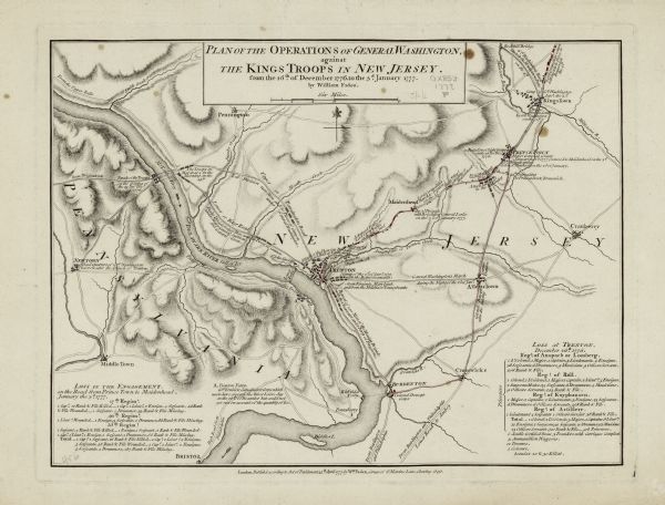 Map showing the area from Newtown, Pennsylvania to Kingston, New Jersey, with routes and battles of British (red) and American forces (blue). The map includes cities, roads, ferries, hills, rivers, waterfalls, and creeks.  Much of the map centers on George Washington's crossing of the Delaware and attack on the Hessians under Col. Rall in Trenton. Numerous annotations throughout the map explaining the camps, battles, and movement of troops, along with dates. Two blocks of text in the lower right and left corners list the names of those killed, wounded, or missing in the battles on the road from Prince Town to Maidenhead, and at Trenton.
