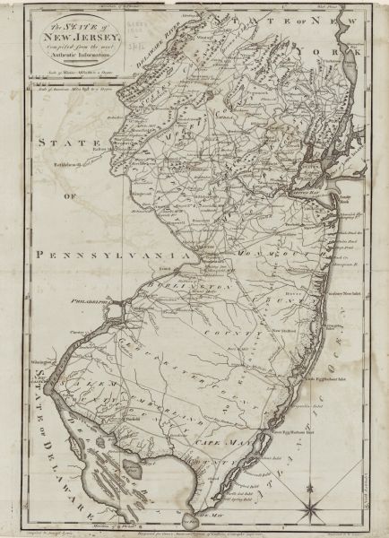 Map of New Jersey showing  counties, cities, towns, mills, landowners, roads, mountains, bays, rivers, and lakes. A few annotations dot the map, describing the land, such as one stretching along the south eastern coast reading "an extensive forest of pine trees." The division line between east and west Jersey is clearly marked. A offset image of the map in reverse is apparent, particularly around the title cartouche in the upper left corner. This is a common printer's mistake when a sheet was placed on top of another before the ink fully dried.