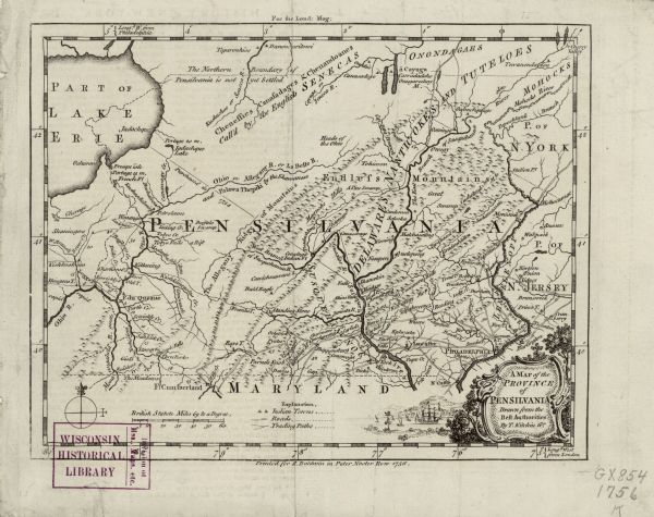 Map of Pennsylvania, showing cities, towns, roads, trading paths, portages, forts, mountains, swamps, waterfalls, lakes, and rivers. The map further includes a detailed account of Native American tribes, land, and villages. Four names are listed for the Ohio River, including the Shawnee name "Palawa Thepiki." A decorative scene of trees and ships at anchor by a port town frames the title cartouche in the lower right corner. Faint offsetting from a page of <i>The London Magazine</i> is on the left half of the map.