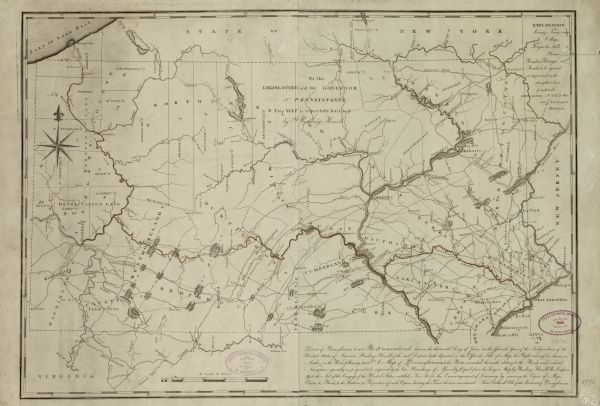 Map of Pennsylvania showing counties, cities, towns, forges and mills, houses, roads, portages, mountains, lakes, and rivers. The map also shows donation and depreciation land in the north western part of the state, along with the landowners names. A key sits in the upper right corner. 