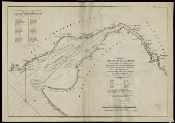 Map of the Delaware Bay, River, their shoreline, made to aid ships in navigating to Philadelphia. It is oriented with north to the right and shows inlets, islands, flats, oyster beds, shoals, shears,  and other navigational hazards. Rhumb lines extend from a simple compass rose near the lower left corner, while dotted lines show the major ship channels and routes. Depth is shown through soundings. The land remains bare, but the shoreline shows cities, towns, roads, rivers, creeks, and small illustrations of trees and anchors. A tide table sits below the title cartouche. The upper left corner contains a list of masters and pilots attesting to the accuracy of the chart.