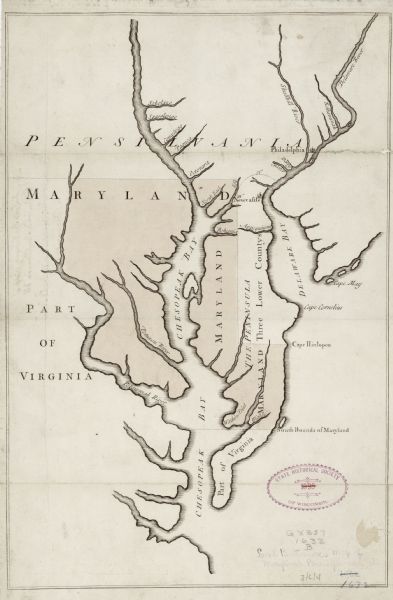 Map showing the the Chesapeake and Delaware Bay and surrounding land, including the rivers which drain into the bays. The border of Maryland and Delaware is evident, with the south bounds of Maryland marked. Only two cities, Philadelphia and Newcastle, appear. A handwritten title in the lower right corner reads "Lord Baltimore's Map of Maryland, Pennsylvania, etc." 