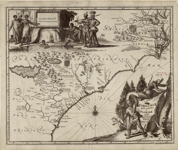 Decorative map of the southeastern region of North America, from the York River in Virginia to northern Florida. The coat of arms of France and England mark their respective claims. It shows Native American tribes, land, and villages, along with a few European settlements such as Newport and Jamestown. Topographical features, mainly mountains, forests, lakes, and rivers, appear pictorially, including three mythical lakes in the near the left portion of the map. A large scene of Native American men panning for gold covers the upper left corner. Two Native American men hang a buffalo hide containing the title cartouche between trees in the lower right corner. 