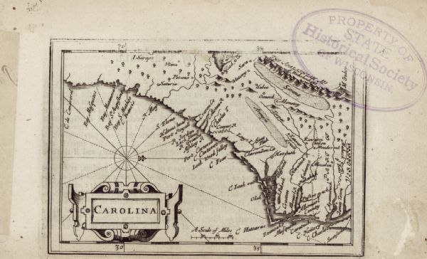 Map of the southeast coast of North America from Jamestown to modern Georgia. It shows European settlements, Native American land and villages, coastal features, savannas, mountains, forests, lakes, and rivers.  Pages of text accompany the map, further describing the newly purchased Carolina region, and the people (Europeans and Native Americans) who inhabit it.