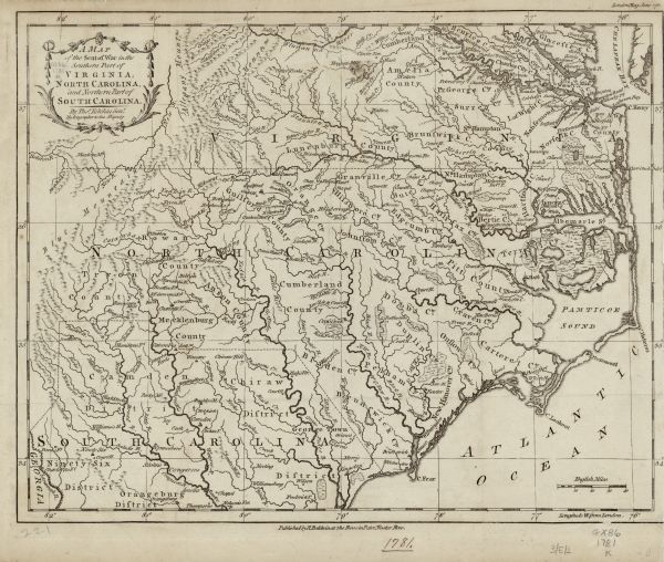 Map of North and South Carolina and Virginia towards the end of the Revolutionary War. It shows borders, counties, cities, court houses, bridges, chapels, forts, mountains, swamps, and rivers. A wreath border frames the title cartouche.