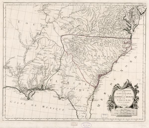 Map of the southeastern region of America to just west of the Mississippi River. It shows borders, cities, towns, forts, Native American land, portages, mountains, lakes, swamps, and rivers. A few notes dot the map, describing the conditions of the rivers and other features. A few of these notes and place names, especially in North Carolina and Virginia, appear in English. Flowers and waves frame the title cartouche.