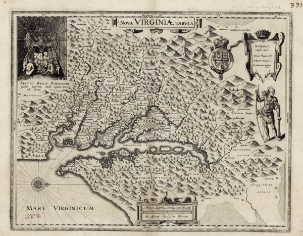 Map of Virginia depicting the discoveries detailed by John Smith in his exploration of the region. It shows Jamestown, Native American tribes and villages, mountains, forests, and rivers, with north oriented towards the right. Small Maltese crosses mark the limits of Smith's personal exploration, beyond these crosses Smith relied on Native American accounts (a feature from the original map that Blaeu incorporated into his edition). The British coat of arms sits next to a key which distinguishes the ordinary Native American villages from those which hold rulers. The key itself is topped with a feathered hat. Underneath the key stands a Native American man dressed in furs, holding a club and bow. In the upper left corner sits an illustration of the Powhatan chief and his subjects in a longhouse. The chief sits in the middle on a bench wearing a feathered headdress and smoking a pipe, while men and women sit on mats on the floor around a boiling pot on top of a fire.