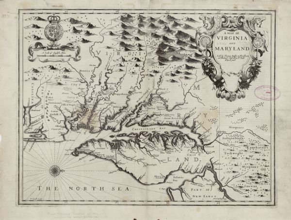 Map of Virginia and Maryland, based on John Smith's 1612 map and Augustine Herman's 1673 seminal map. It shows borders, counties, Native American land, tribes, and villages, European settlements, mountains, forests, swamps, bays, and rivers, with north oriented towards the right. The English coat of arms and crown appears above the scale in the upper left corner. Angels, fruit, and a baroque style frame decorates the title cartouche. Two large pieces of text sit on the back of the map: "The Description of Maryland," and "The Description of Virginia." These explain the colonial history, climate, land, animals, Native Americans, and present government of each colony, particularly aimed at attracting more English immigrants to the regions.