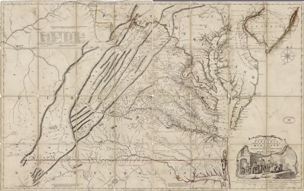 Map of Virginia and parts of Maryland, North Carolina, and New Jersey. It shows borders, boundary lines, some Native American land, counties, cities, towns, roads, meadows, swamps, mountains, islands, bays, lakes, and rivers. Plantations are shown, marked by the plantation owners name. Annotations dot the map, describing the lands, boundaries, and roads, such as a note on one road in North Carolina reading "the Trading Path leading to the Catawbau & Cherokee Indian Nations." The map includes a distance chart near the upper left corner by John Dalrymple. A scene of a tobacco warehouse and wharf, showing European men writing, talking, and smoking, while slaves work or serve drinks, decorates the title cartouche in the lower right corner.